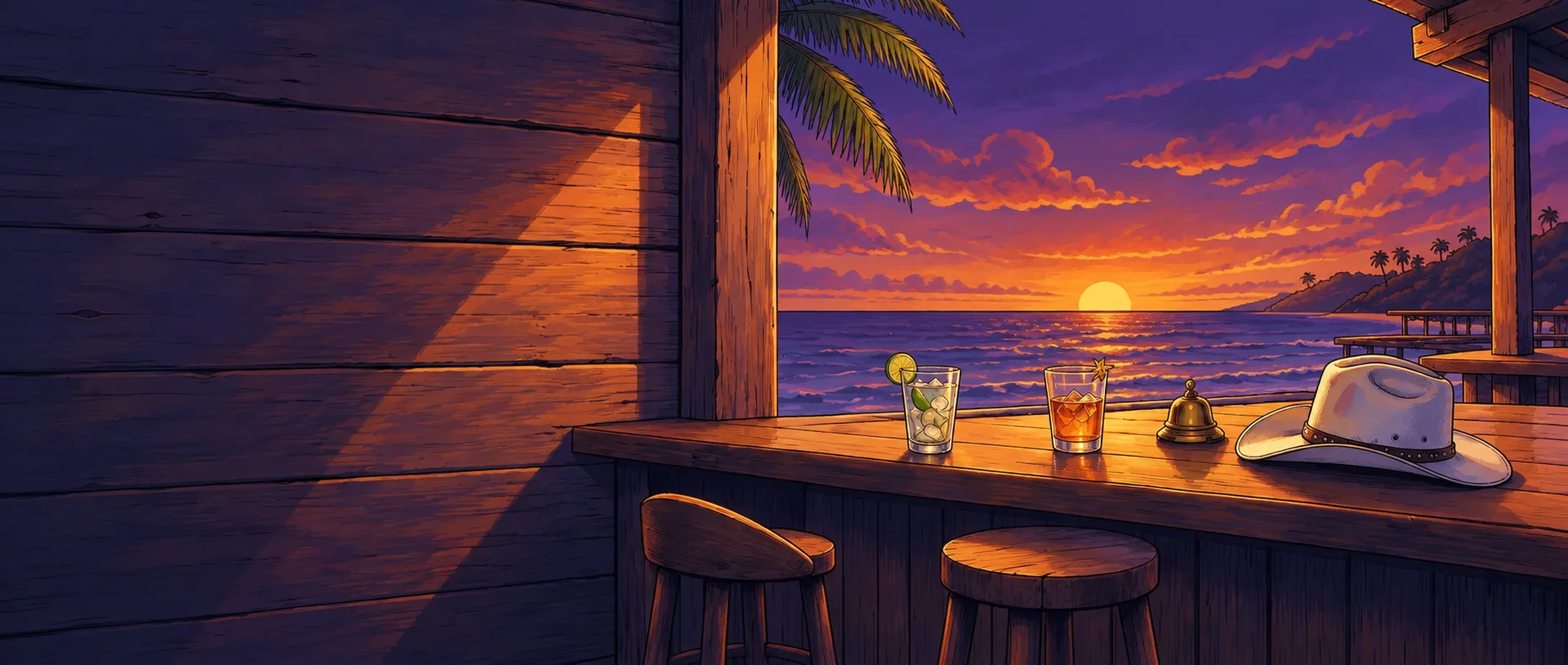 The empty bar at last light, her hat on the counter