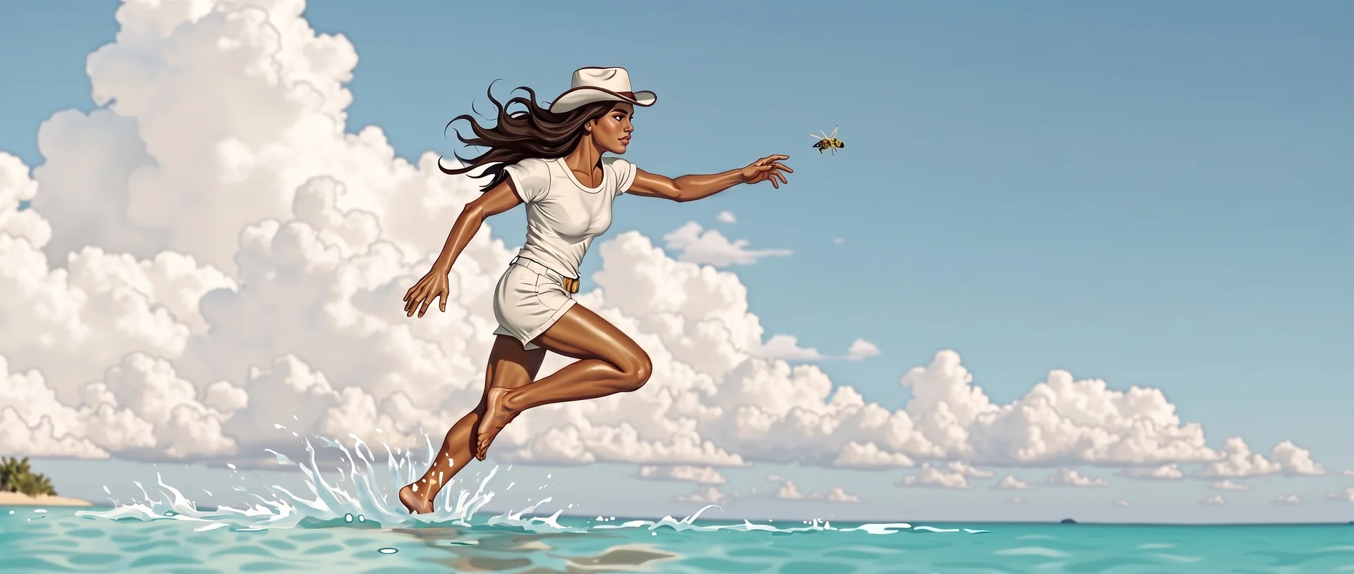 Lorna running across the morning water, a bee at her open hand