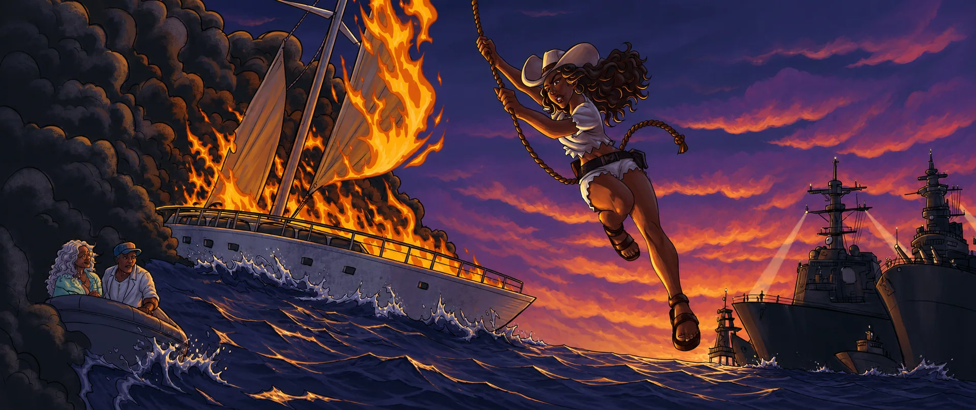 Lorna swings clear on a rope as the yacht burns behind her